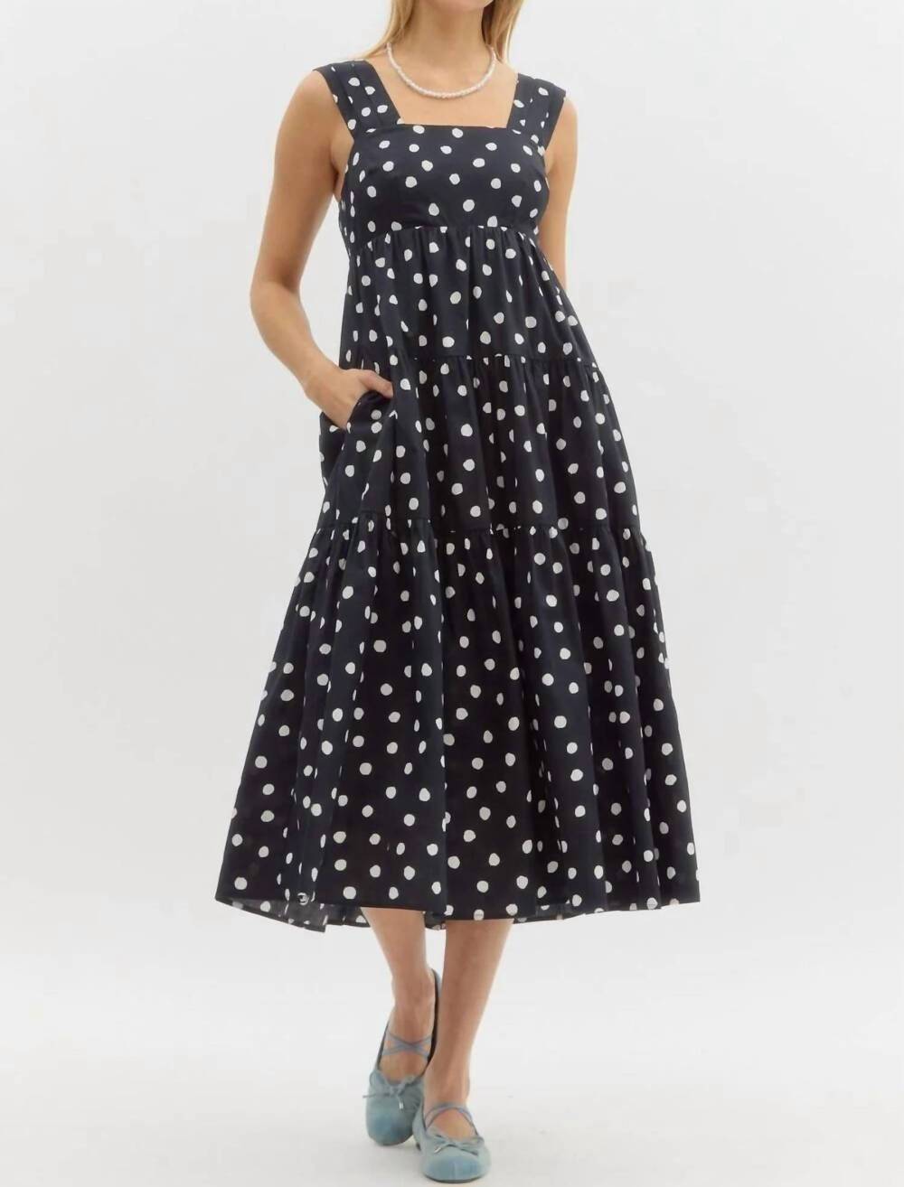 NEW ENTRO polka dot empire midi dress in black